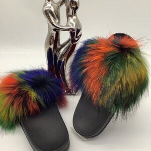 100% Real Mix Orange Raccoon Fur Fluffy Slippers In-stock Fast Shipping